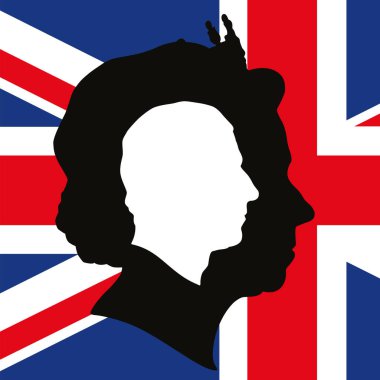 III. Charles ve II. Elizabeth İngiliz bayrağındaki profil silueti, vektör illüstrasyonu