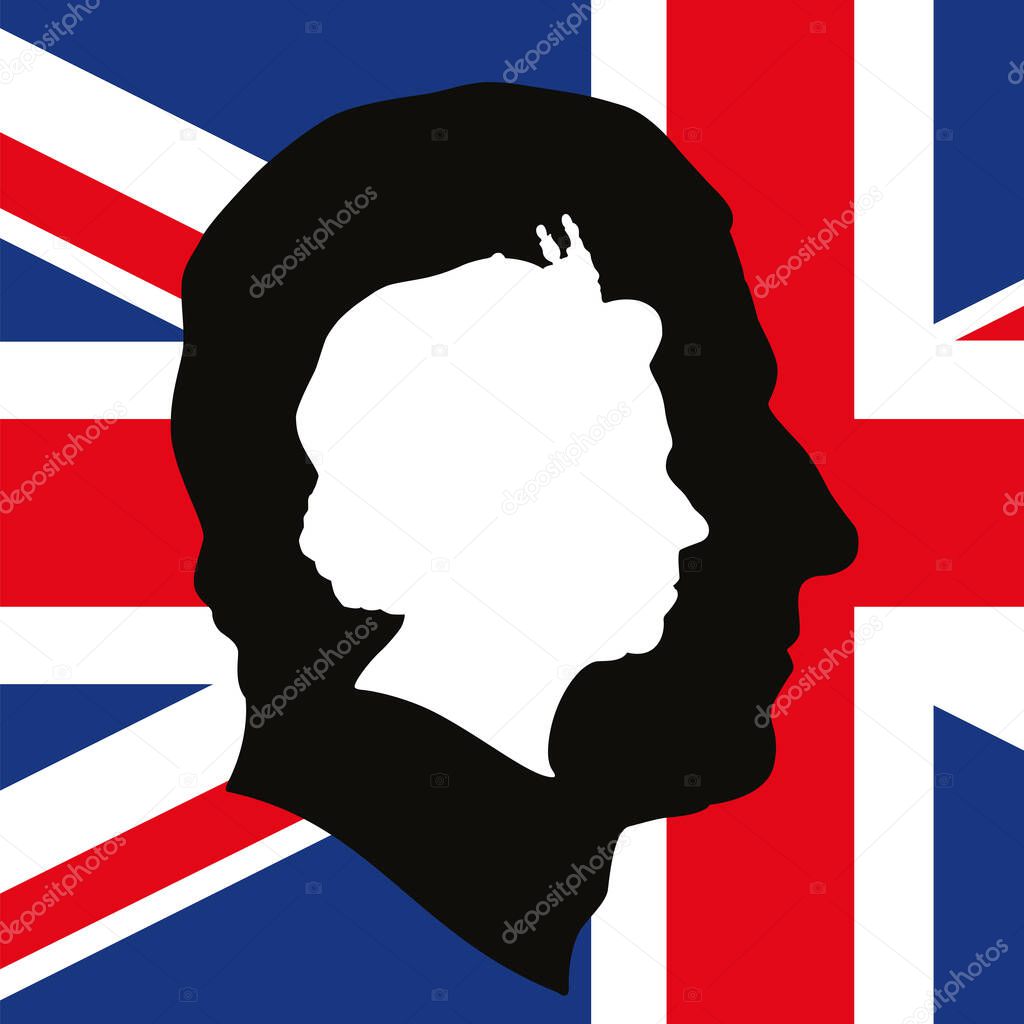 Charles III and Elizabeth II portrait profile silhouette on the british flag, vector illustration