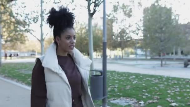 Счастливая довольно африканская американка с афроволосами гуляет в общественном парке — стоковое видео