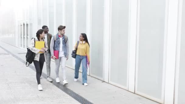 Heureux groupe d'étudiants adolescents diversifiés allant à l'université — Video