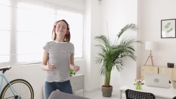 Glad bekymmerslös ung kvinna ha kul dansa ensam hemma — Stockvideo