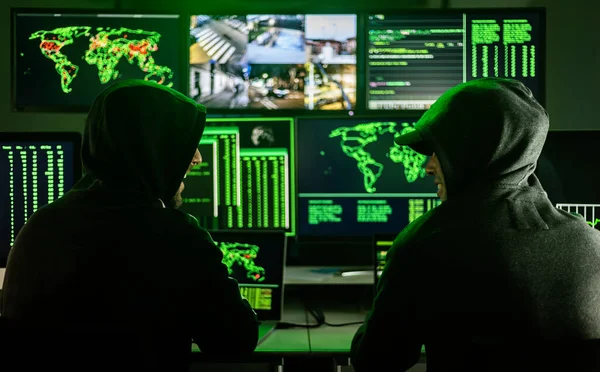 Two Male Hackers Coding Virus Software Dark Room Using Laptops — Stock Photo, Image