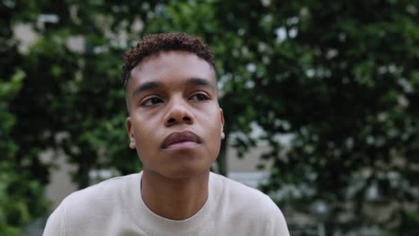 Face Portrait Hispanic Latin Teenager Boy Sitting Outdoor Millennial People — Stok Video