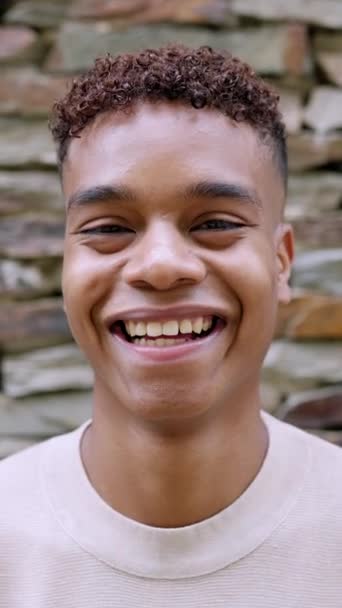 Vertical Video Face Portrait Happy Young Adult Ethnic Man Outdoor — Vídeos de Stock