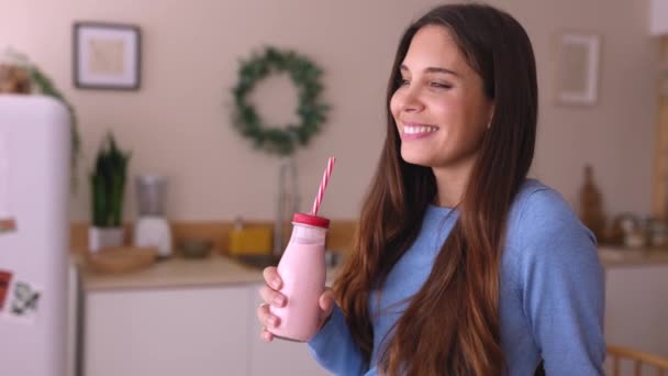 Happy Young Woman Drinking Strawberry Smoothie Kitchen Healthy Lifestyle Concept — Stock Video