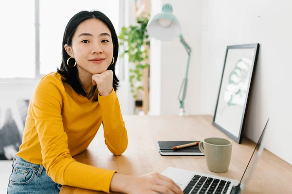 Cheerful young asian woman with laptop smiling at camera sitting at workplace - Millennial student female sitting at desk while working with computer