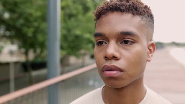 Face Portrait Thoughtful Pensive Young African American Student Boy Standing — Stok video