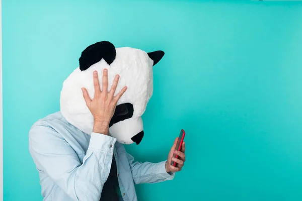 Bezorgde Man Panda Masker Lezen Slecht Nieuws Mobiele Telefoon — Stockfoto