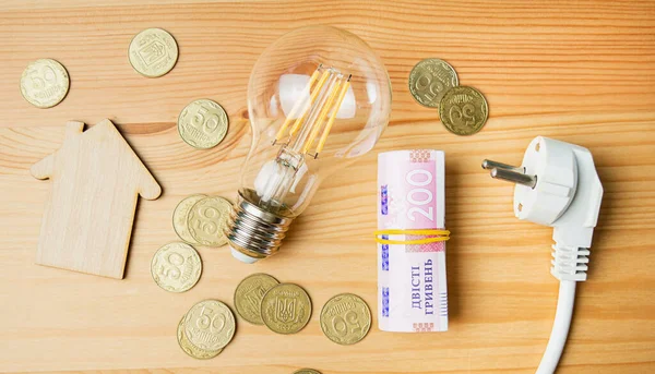 The concept of paying utility bills. Concept of electricity supply of Ukraine. A lamp and Ukrainian 200 hryvnia bills. Payment of utility services. View from above. Banner. Copy space.
