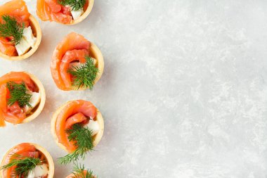 Kırmızı balıklı abur cubur. Atıştırmalık şenlik. Festival masası için menü. Yukarıdan bak. Boşluğu kopyala.