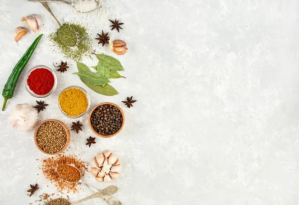 Variety Spices Herbs Light Table Preparing Background View Ingredients Cooking — Stock Photo, Image