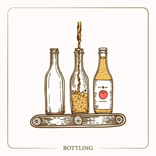 Verser la boisson dans des bouteilles. Convoyeur de production. Équipement pour la production de cidre. Fond de jardin croquis vintage. Design dessiné à la main. Illustration vectorielle. — Image vectorielle