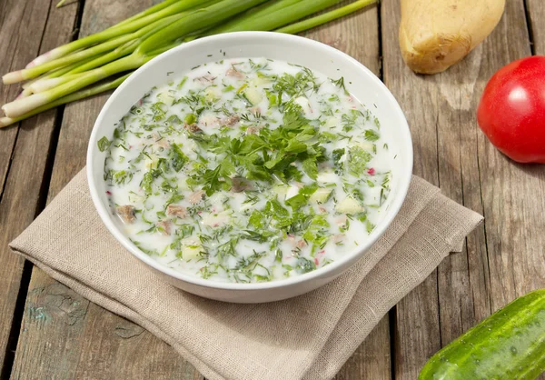 Окрошка - російський холодний овочевий суп — стокове фото