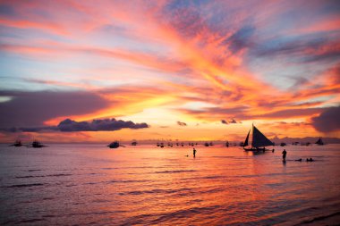 Filipinler 'deki Boracay adasında gün batımına doğru yelkenli.