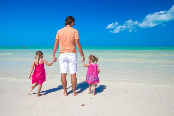 Vista posteriore del giovane padre e delle sue due adorabili figlie in una vacanza esotica — Foto Stock