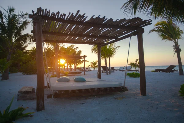 Liggstolar för strand bland palmerna på perfekta tropiska kusten vid solnedgången — Stockfoto