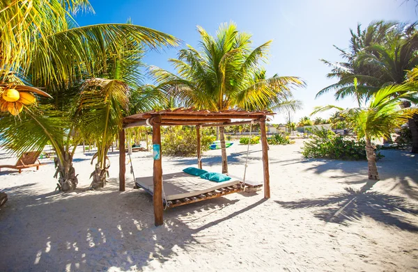 Plaj yatak ve hamaklar, mükemmel tropik sahil palmiye ağaçları arasında — Stok fotoğraf
