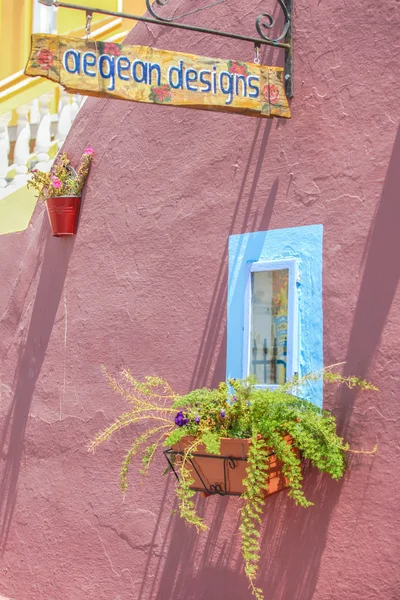 Beautiful blue colored wooden window with plant in a house in Santorini — Stock Photo, Image