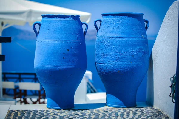 Traditional two large blue bins in the Greek village — Stock Photo, Image