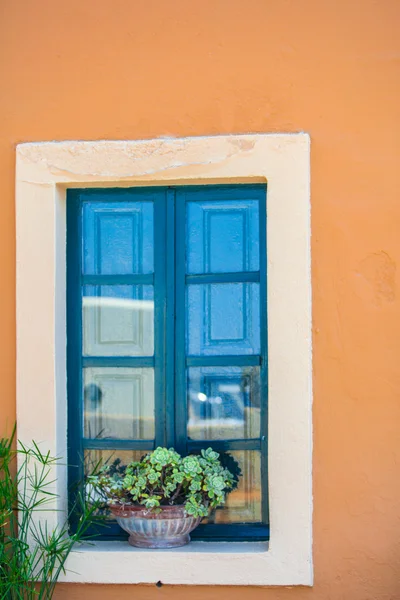 Traditional greek style windows with flowerpot on him — Stock Photo, Image