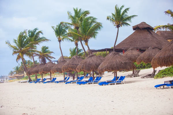 很长的行的雨伞上白色热带海滨沙滩蓝色甲板椅 — 图库照片