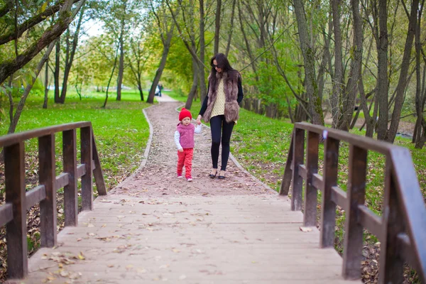 Молодая мама гуляет со своей маленькой дочерью в осеннем парке — стоковое фото