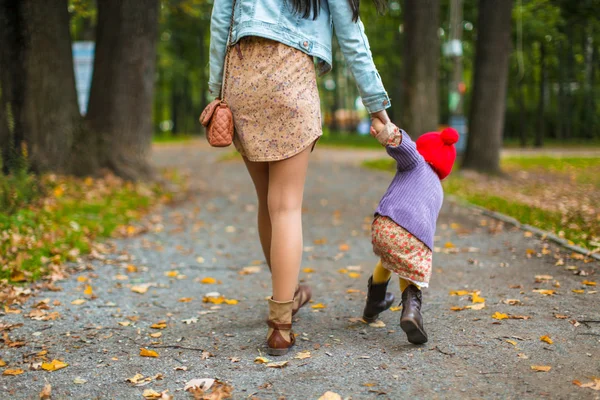 Visão traseira da jovem mãe andando com sua filhinha no parque de outono — Fotografia de Stock