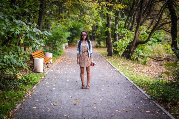 Moda menina bonita jovem caminha no parque em um dia ensolarado de outono — Fotografia de Stock