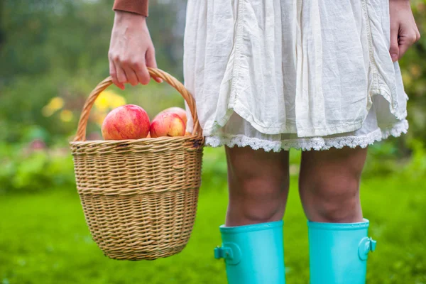 Close-up of basket with yellow, red apples and rubber boots on a young girl — Stock Photo, Image