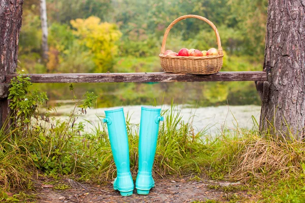 Helle Minzgummistiefel und Strohkorb auf einem kleinen See im Dorf — Stockfoto