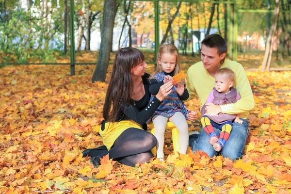 Young charming family of four enjoying the weather in yellow autumn park — Stock Photo, Image