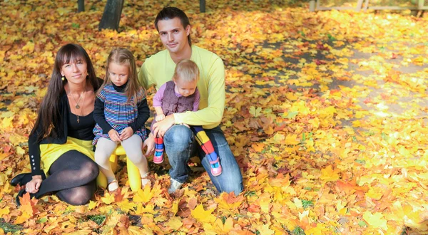 Giovane famiglia affascinante di quattro godendo il tempo in giallo parco autunnale — Foto Stock