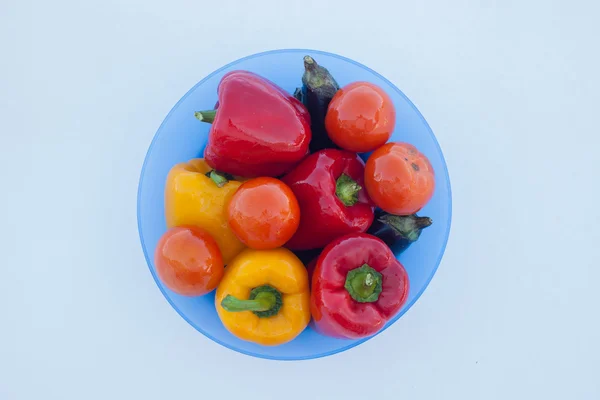Deep plate with delicious vegetables: peppers, eggplant and tomatoes on white snow — Stock Photo, Image