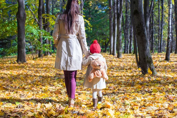 Вид сзади на молодую маму и ее симпатичную маленькую дочку, гуляющих в осеннем парке в солнечный день — стоковое фото