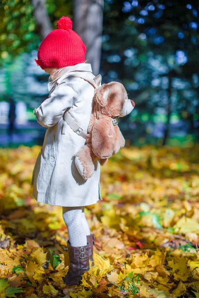 Niña linda con una mochila-oso pasea en el bosque de otoño en un hermoso día soleado — Foto de Stock