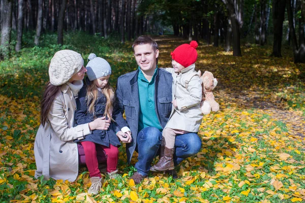 Adorabile famiglia di quattro persone che si gode una splendida giornata di sole autunnale nel parco — Foto Stock