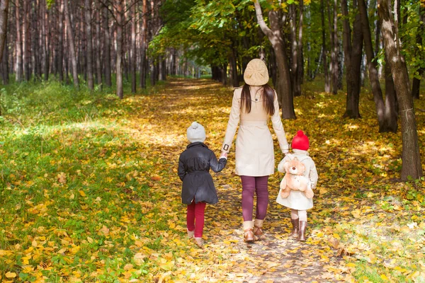 Back view of young mother and her cute little daughters walking in autumn park at sunny day — Stock Photo, Image