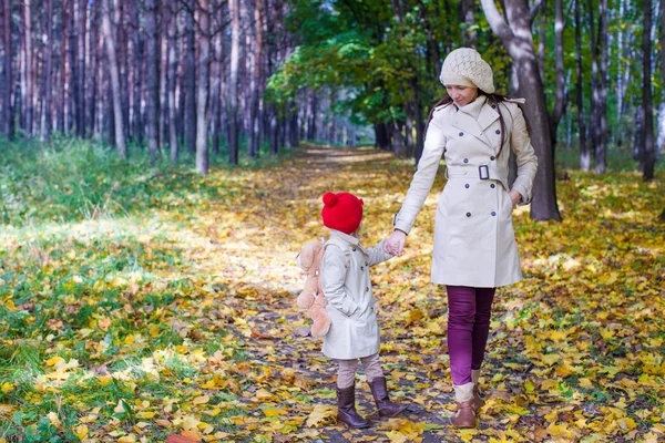 Молодая мать и ее очаровательная дочь гуляют в желтом осеннем лесу в теплый солнечный день — стоковое фото