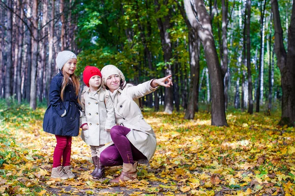 Giovane madre e la sua adorabile figlia godendo affascinante passeggiata nella foresta giallo autunno in una calda giornata di sole — Foto Stock