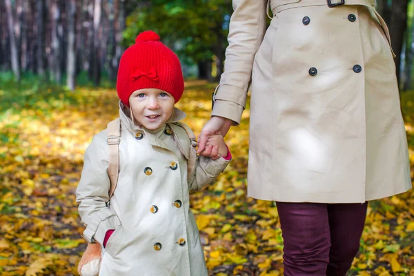 Jovem mãe e sua adorável filha caminhando na floresta amarela de outono em um dia ensolarado quente — Fotografia de Stock
