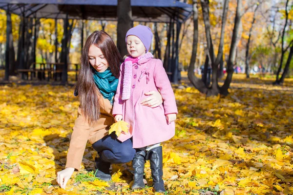 Mère heureuse et sa fille mignonne dans la forêt jaune d'automne par une chaude journée ensoleillée — Photo