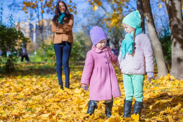 Two beautiful adorable daughter walking with his young mom in the park on a sunny autumn day — Stock Photo, Image