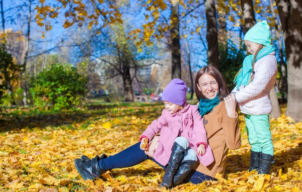 Two adorable girls with his young mom in the park on a sunny autumn day — Stock Photo, Image