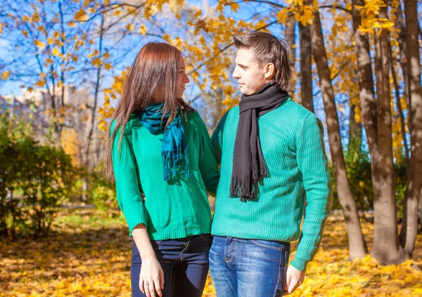 Retrato de pareja feliz enamorada en otoño día de otoño soleado —  Fotos de Stock