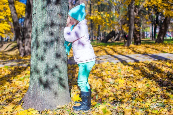 Liten flicka som leker kurragömma nära trädet i höst park — Stockfoto