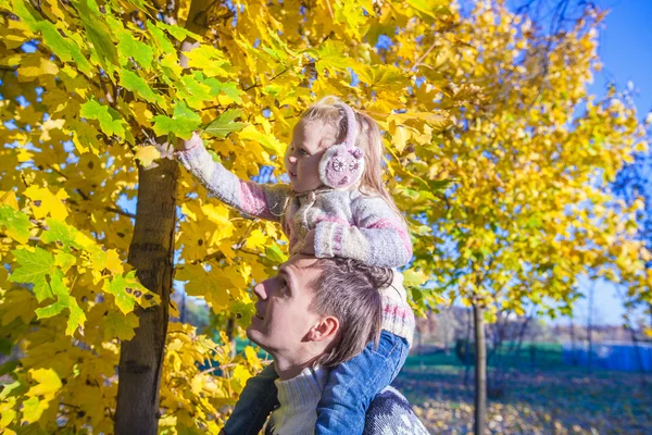 阳光明媚的日子，在秋天公园开心位快乐的爸爸的小女孩 — 图库照片