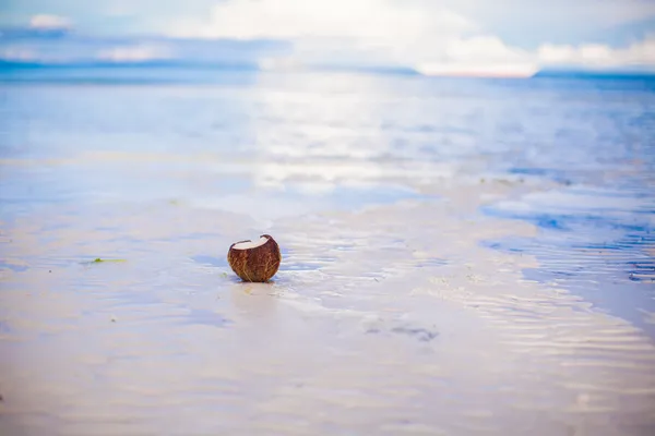 Kokosnuss am tropischen weißen Sandstrand an einem sonnigen Tag — Stockfoto