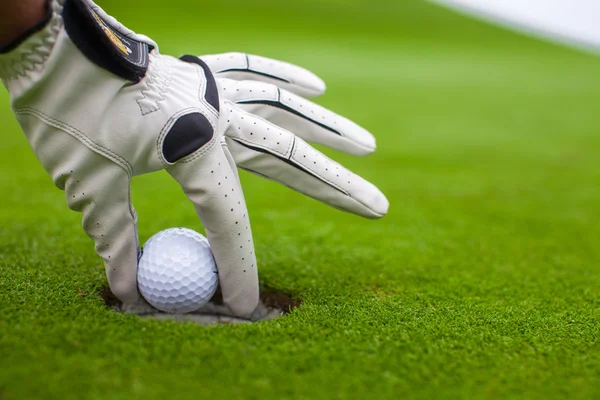 Man's hand een golfbal ingebruikneming gat op het groene veld — Stockfoto