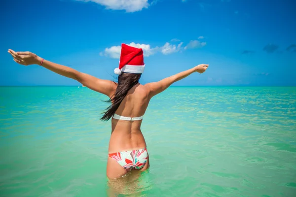 Back view of beautiful young woman in santa hat — Stock Photo, Image