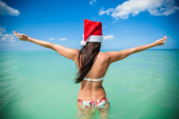 Vista posteriore di bella giovane donna in cappello di Babbo Natale — Foto Stock